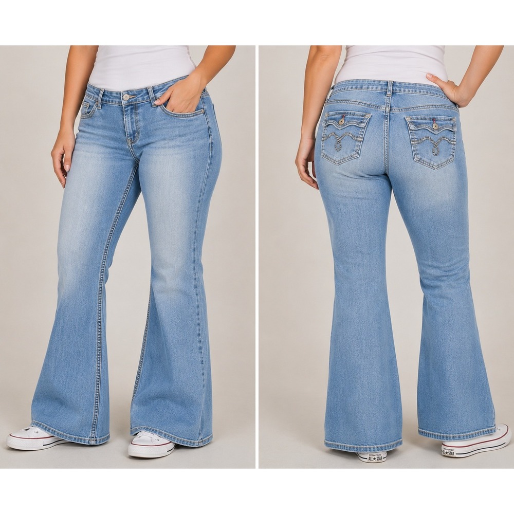Piper & Blue Flare Jeans Women 16 Light Wash Thick Stitch Embroidered Mid Rise